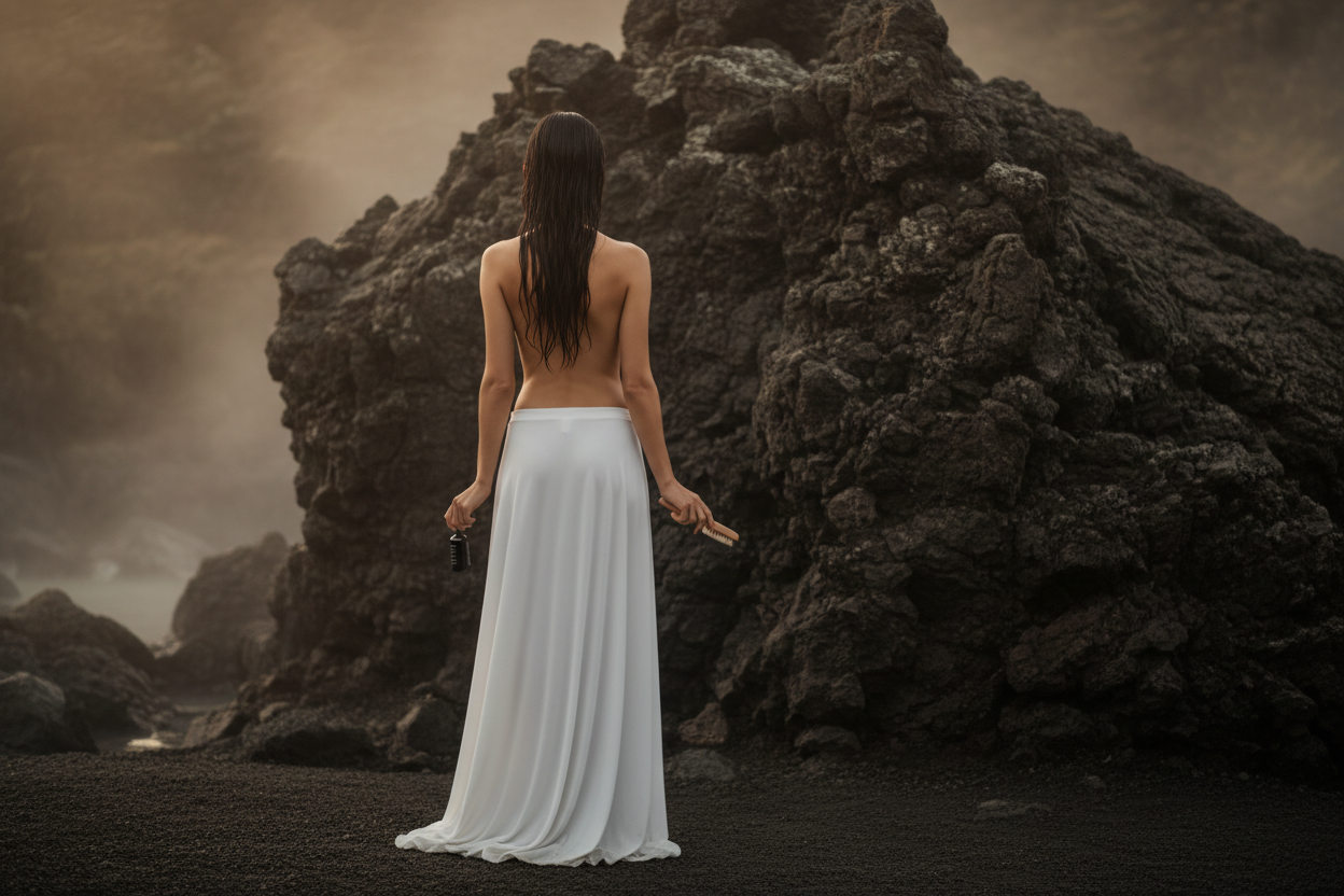 Beautiful portrait of back of woman standing facing a granite volcanic rock with long wet hair naked from the waist up wearing a white skirt down to the floor. She is holding a small black glass dropper bottle in one hand and a wooden brush in the other 